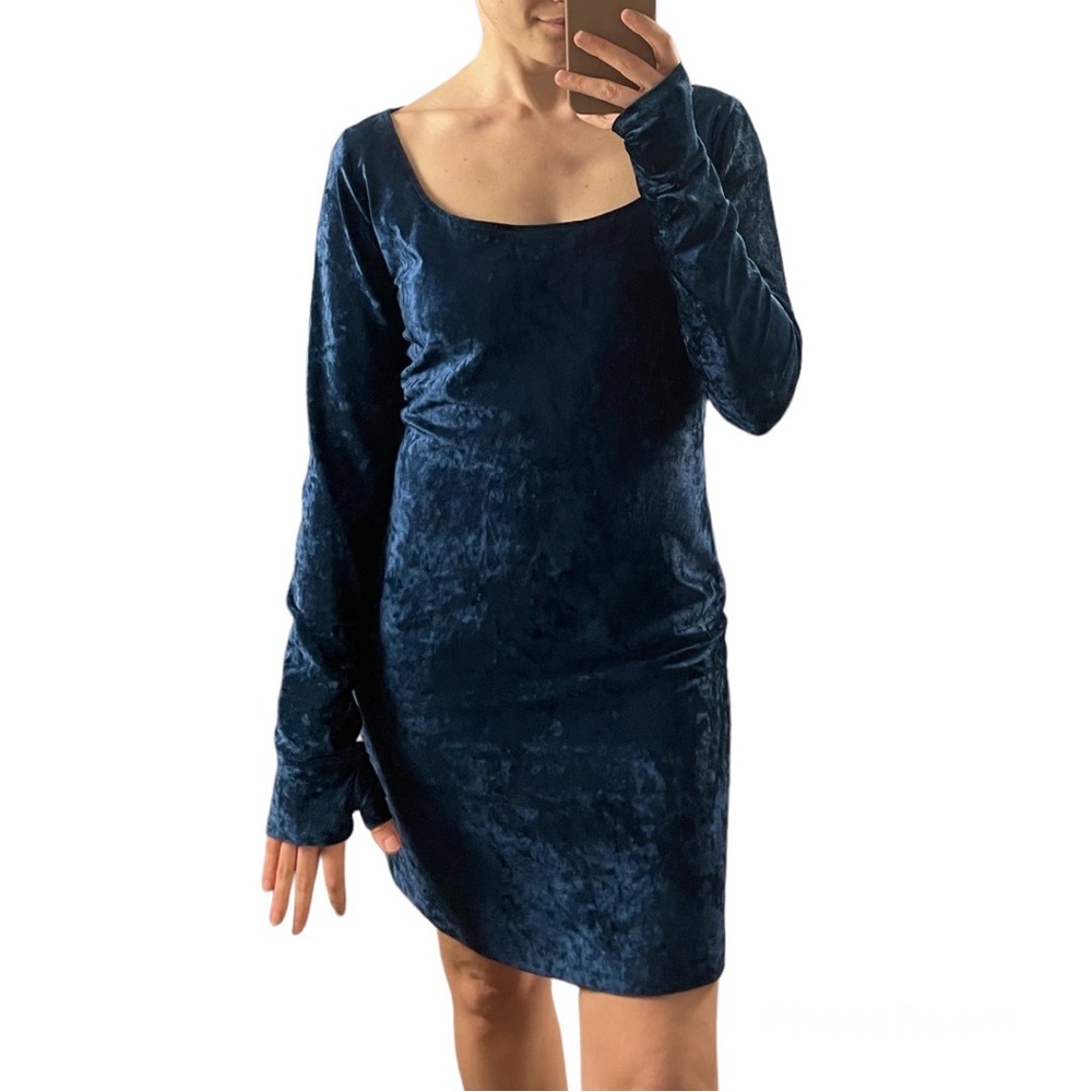 Norma Kamali Vintage Crushed Velvet Mini Dress Glove Sleeves Navy Blue Medium